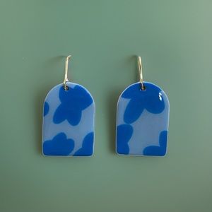 Handmade Blue Flower Earrings, Polymer Clay Earrings, Gold Dangle Earrings